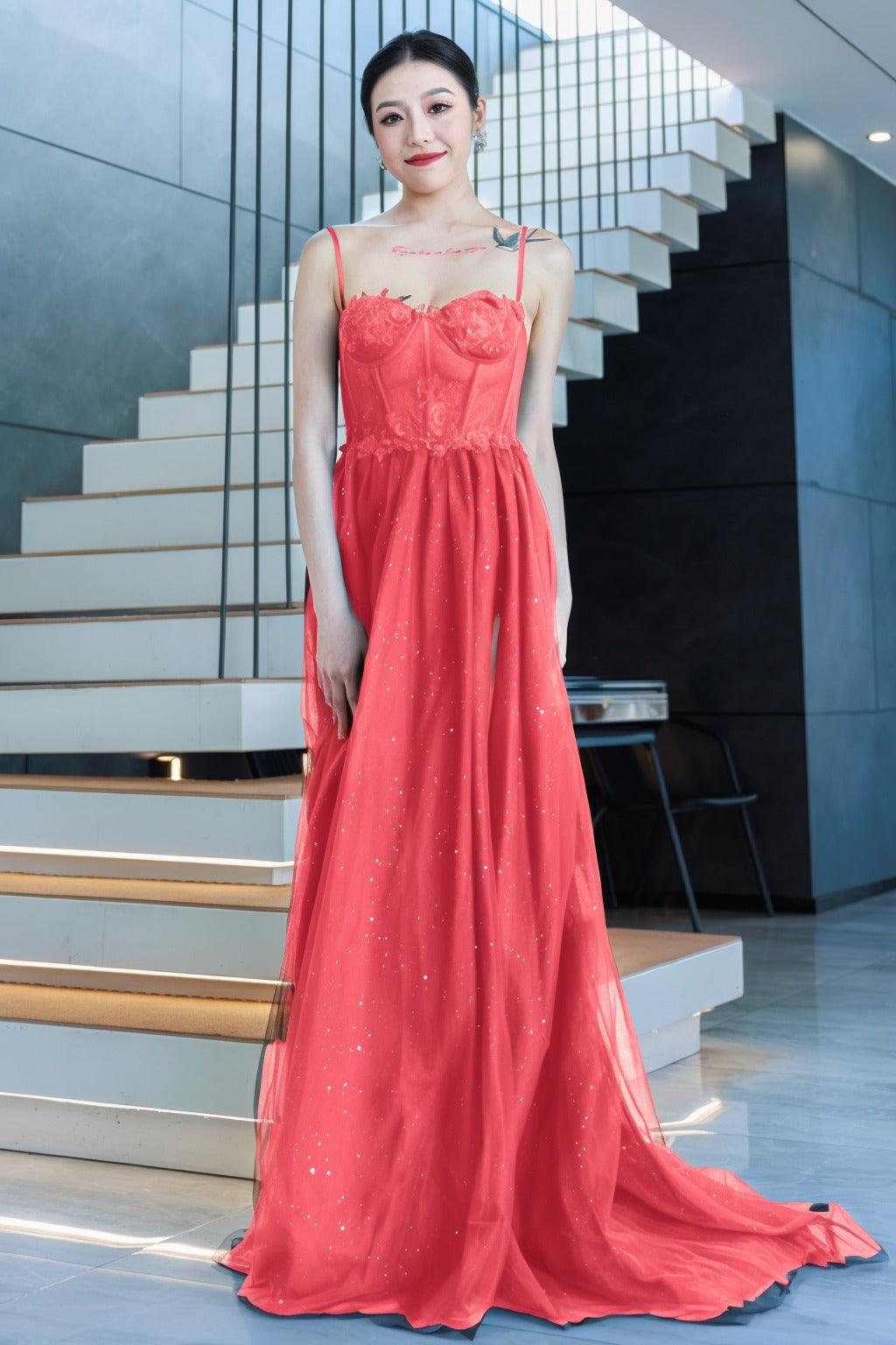A-Line Sweep-Brush Train Tulle Prom Dress CS0480 - COCOMELODY