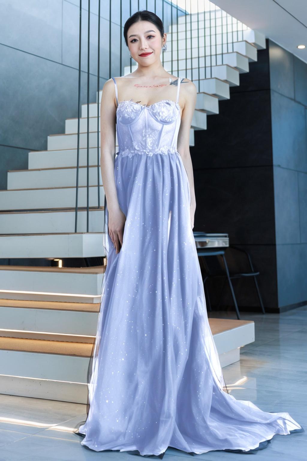 A-Line Sweep-Brush Train Tulle Prom Dress CS0480 - COCOMELODY