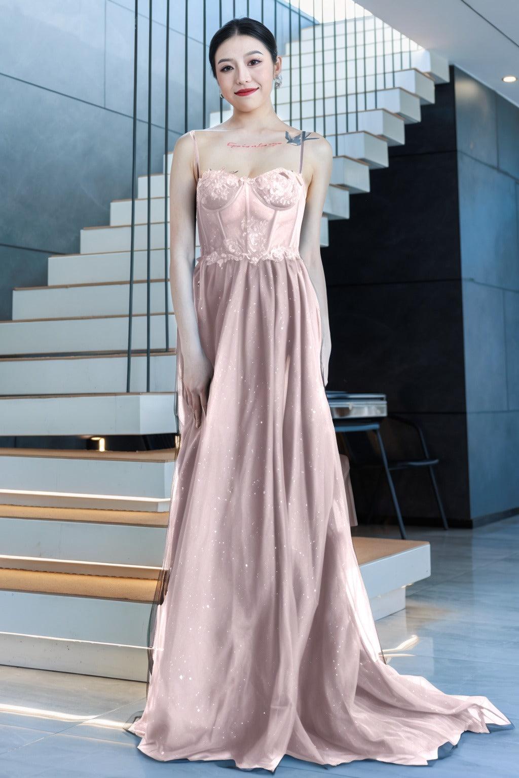 A-Line Sweep-Brush Train Tulle Prom Dress CS0480 - COCOMELODY