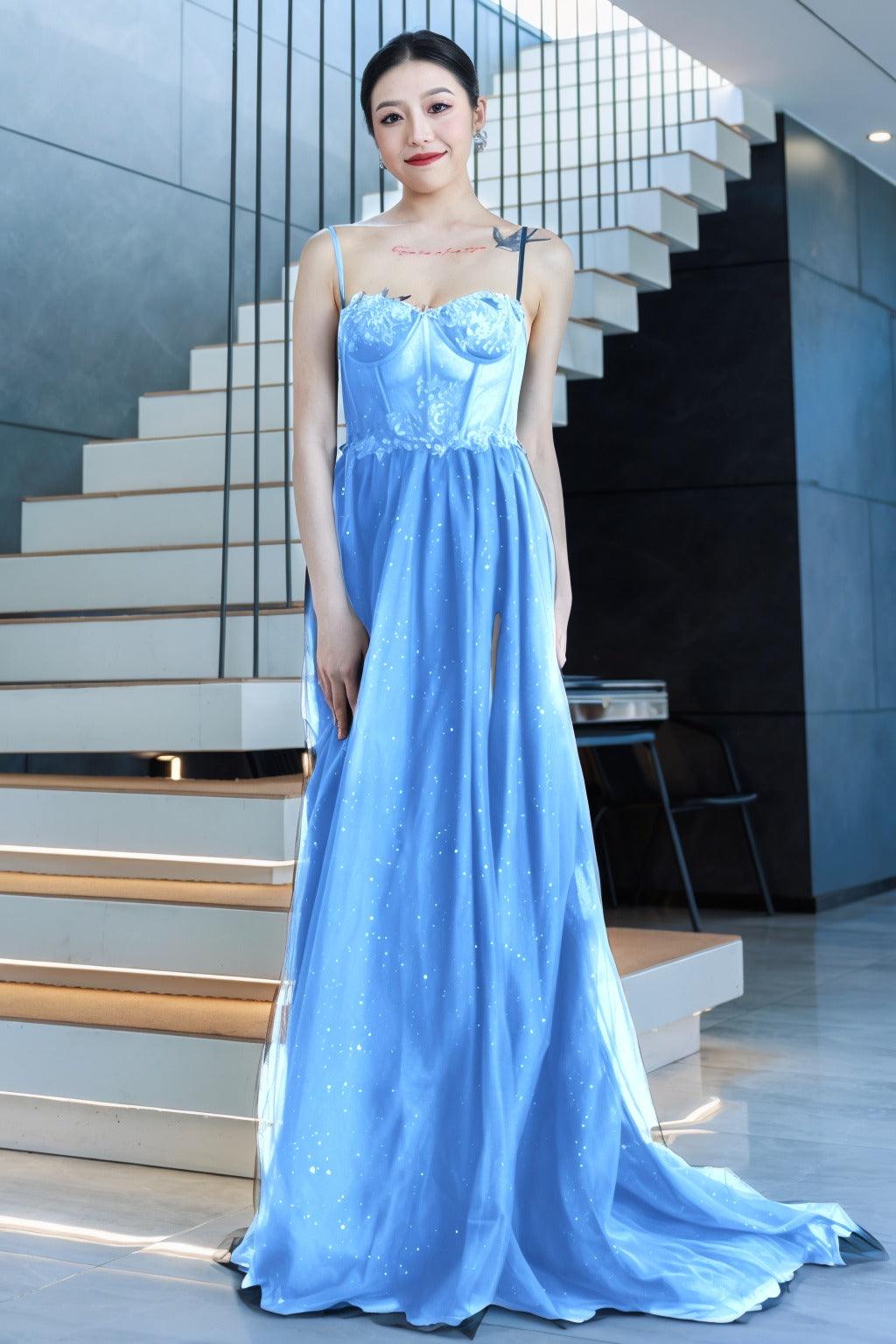 A-Line Sweep-Brush Train Tulle Prom Dress CS0480 - COCOMELODY