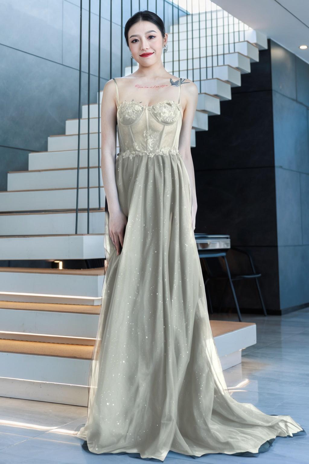 A-Line Sweep-Brush Train Tulle Prom Dress CS0480 - COCOMELODY