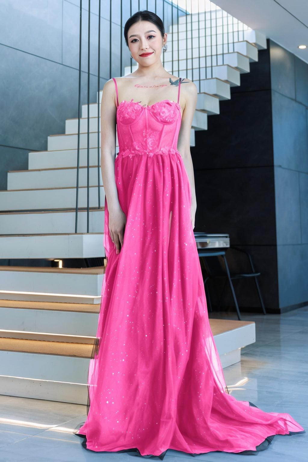 A-Line Sweep-Brush Train Tulle Prom Dress CS0480 - COCOMELODY