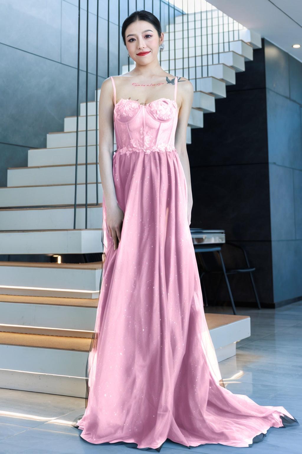 A-Line Sweep-Brush Train Tulle Prom Dress CS0480 - COCOMELODY
