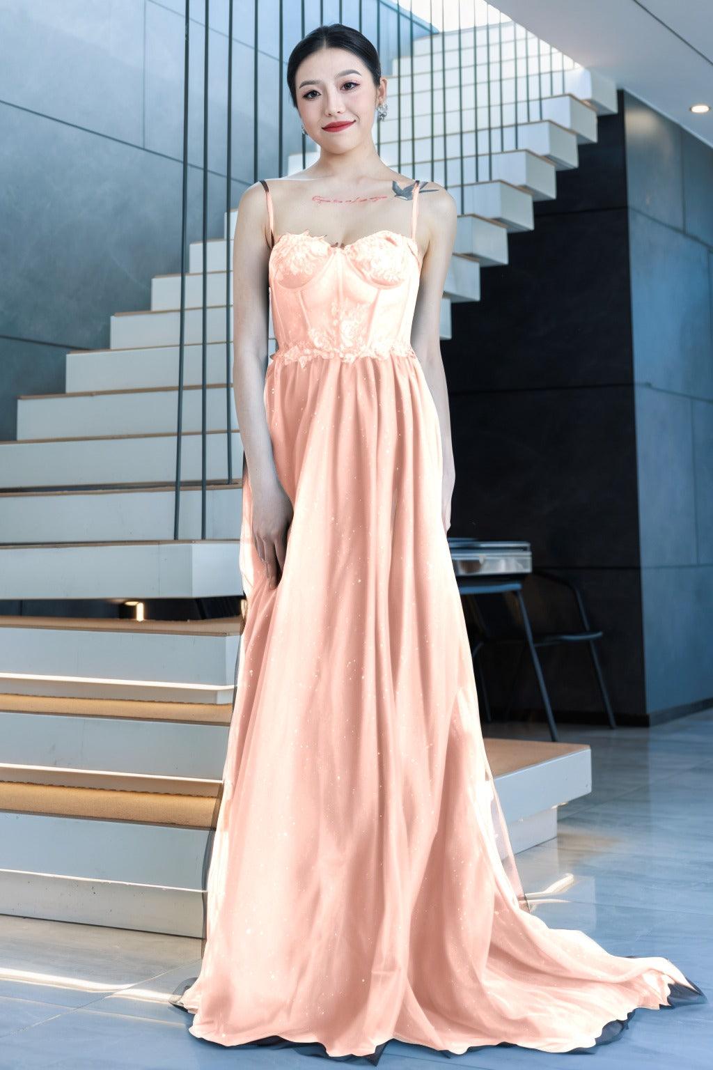A-Line Sweep-Brush Train Tulle Prom Dress CS0480 - COCOMELODY
