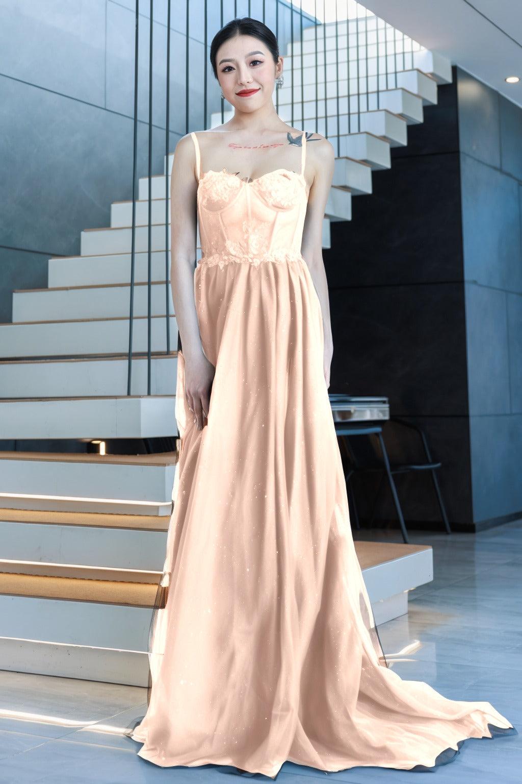 A-Line Sweep-Brush Train Tulle Prom Dress CS0480 - COCOMELODY