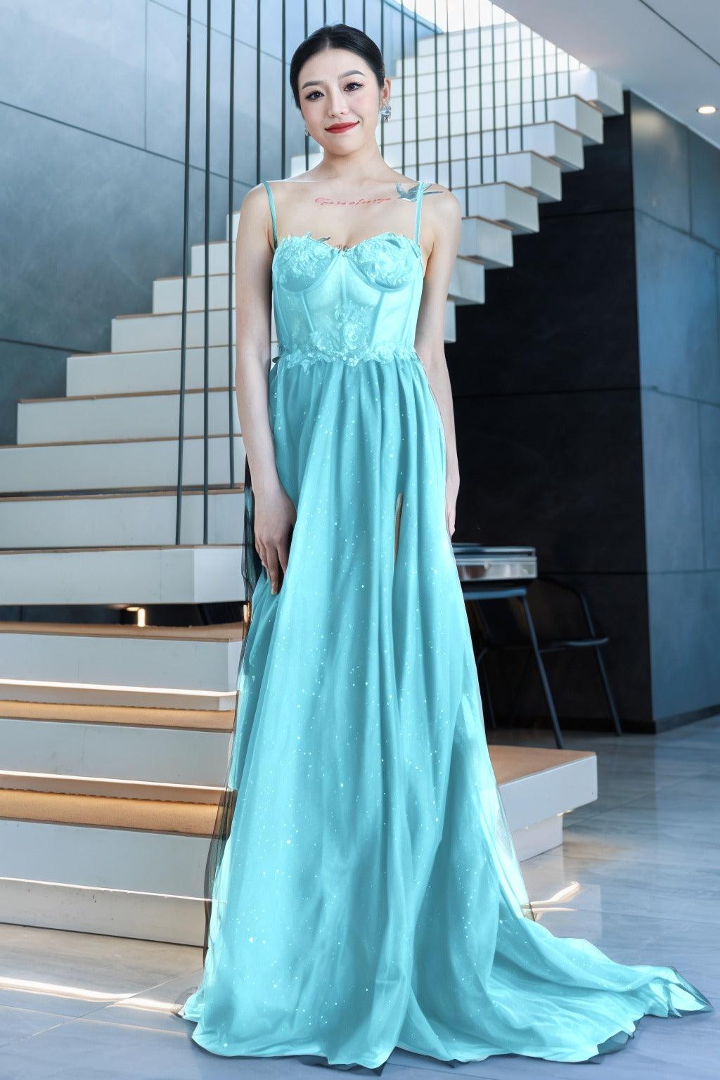A-Line Sweep-Brush Train Tulle Prom Dress CS0480 - COCOMELODY