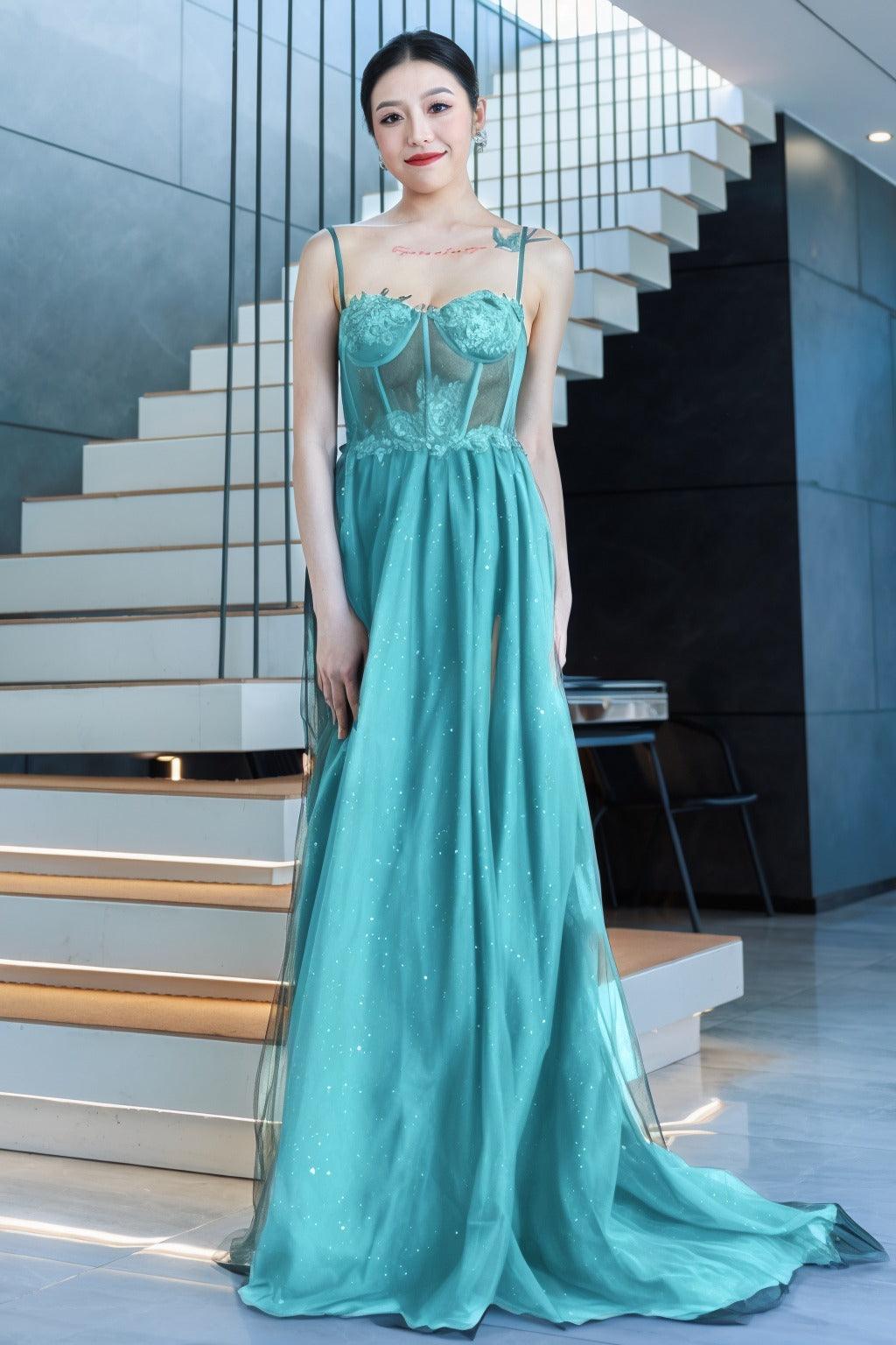 A-Line Sweep-Brush Train Tulle Prom Dress CS0480 - COCOMELODY