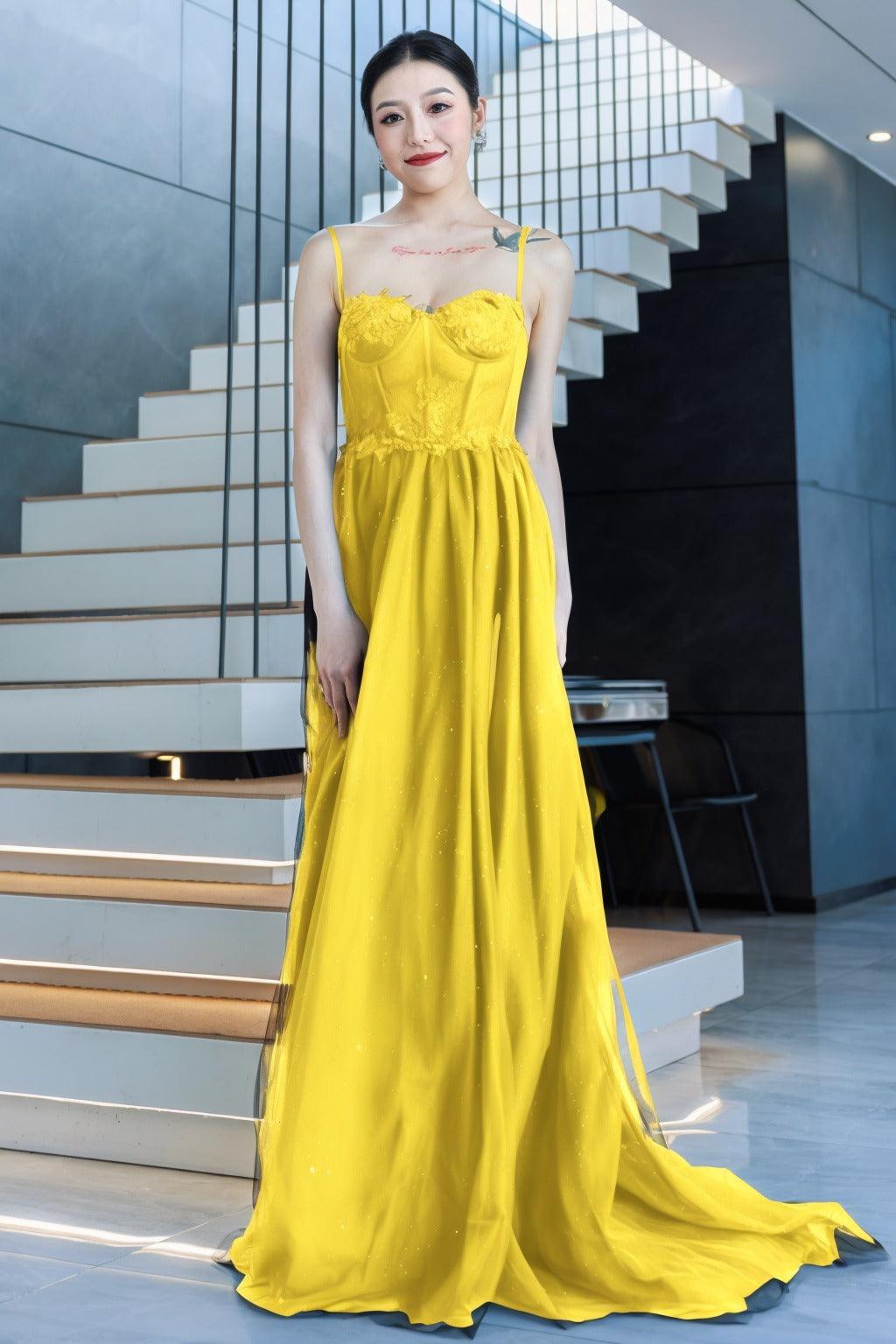 A-Line Sweep-Brush Train Tulle Prom Dress CS0480 - COCOMELODY