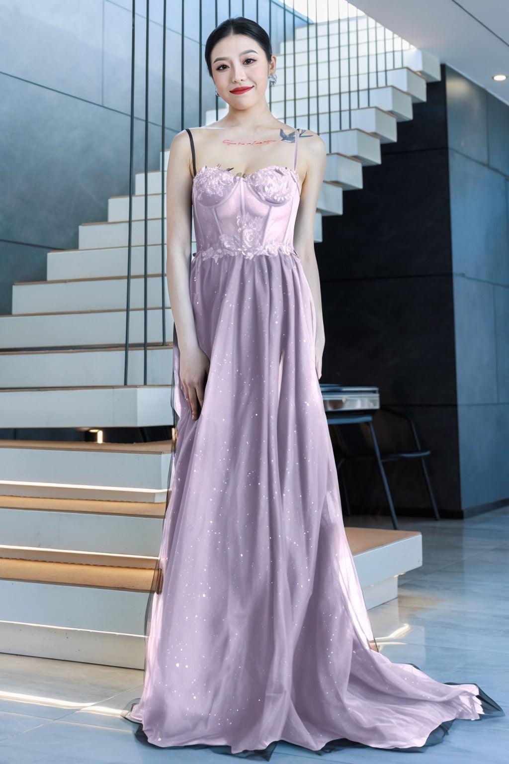 A-Line Sweep-Brush Train Tulle Prom Dress CS0480 - COCOMELODY