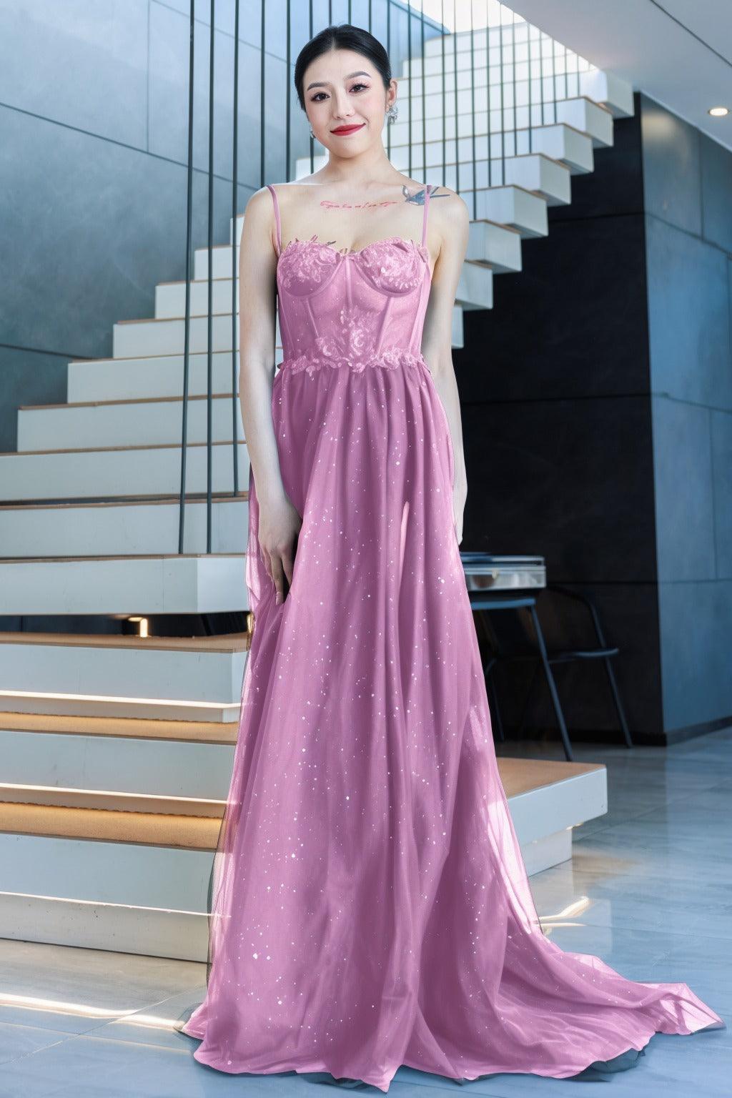 A-Line Sweep-Brush Train Tulle Prom Dress CS0480 - COCOMELODY