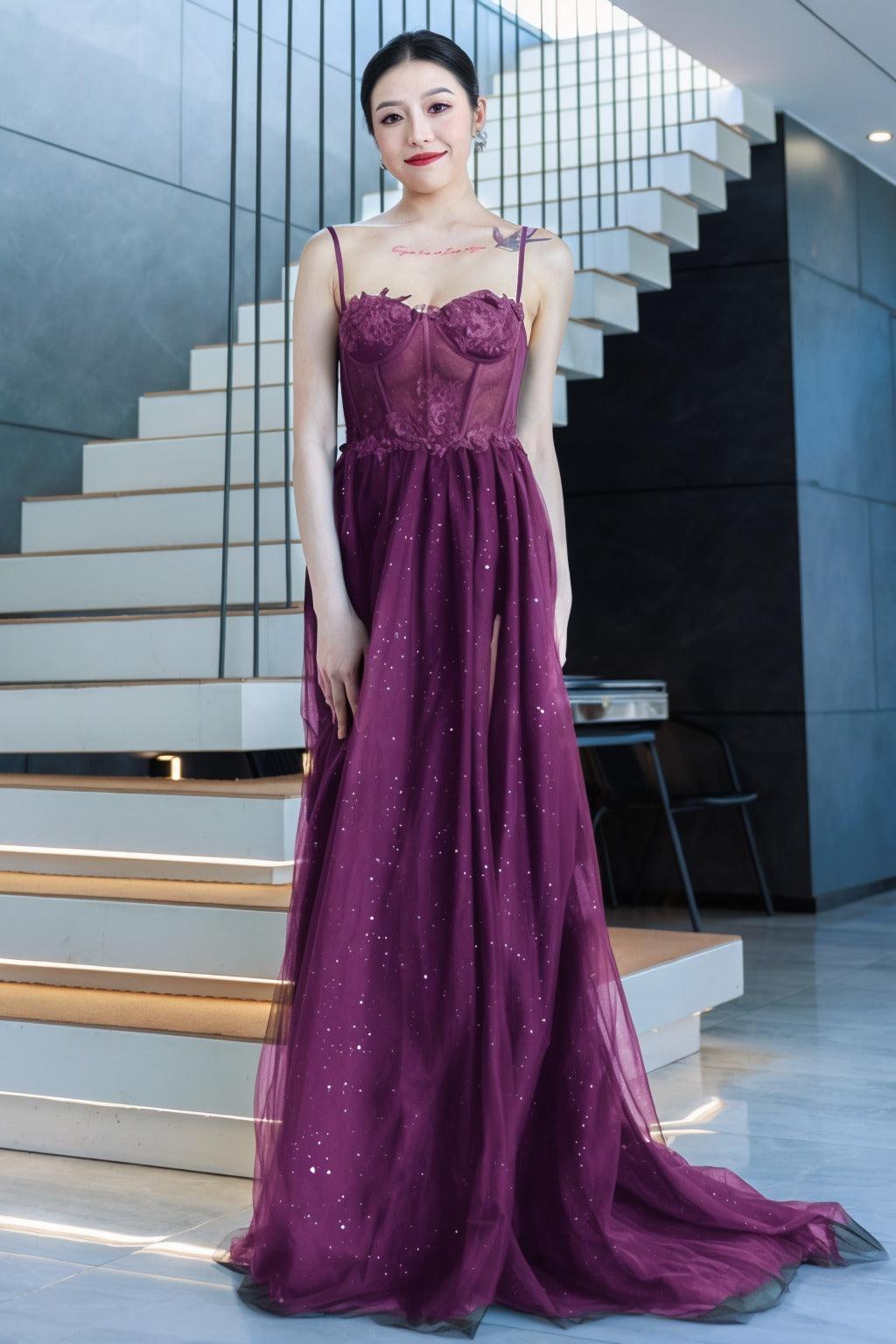 A-Line Sweep-Brush Train Tulle Prom Dress CS0480 - COCOMELODY