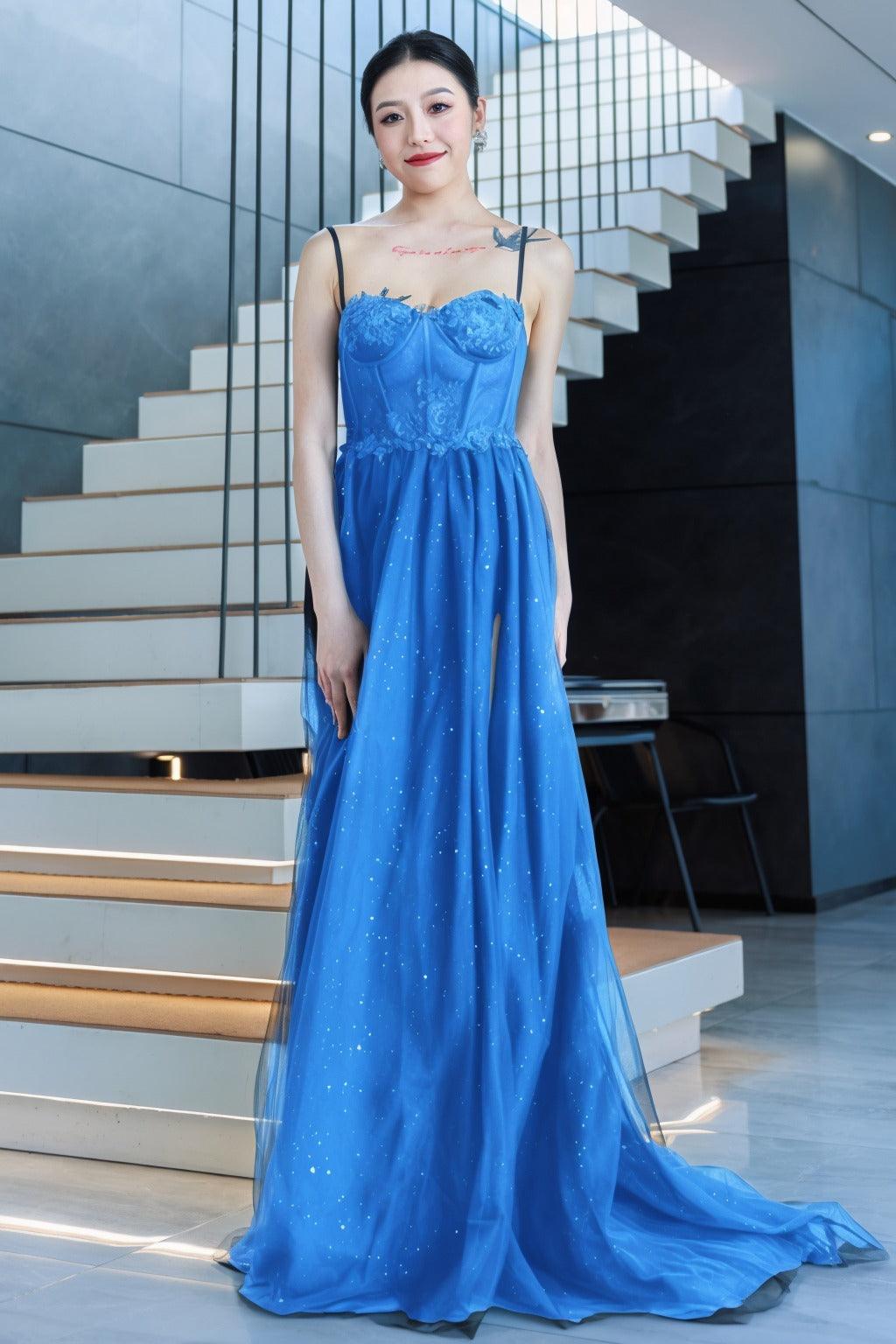 A-Line Sweep-Brush Train Tulle Prom Dress CS0480 - COCOMELODY