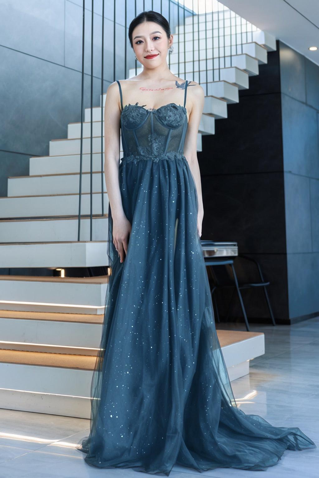 A-Line Sweep-Brush Train Tulle Prom Dress CS0480 - COCOMELODY