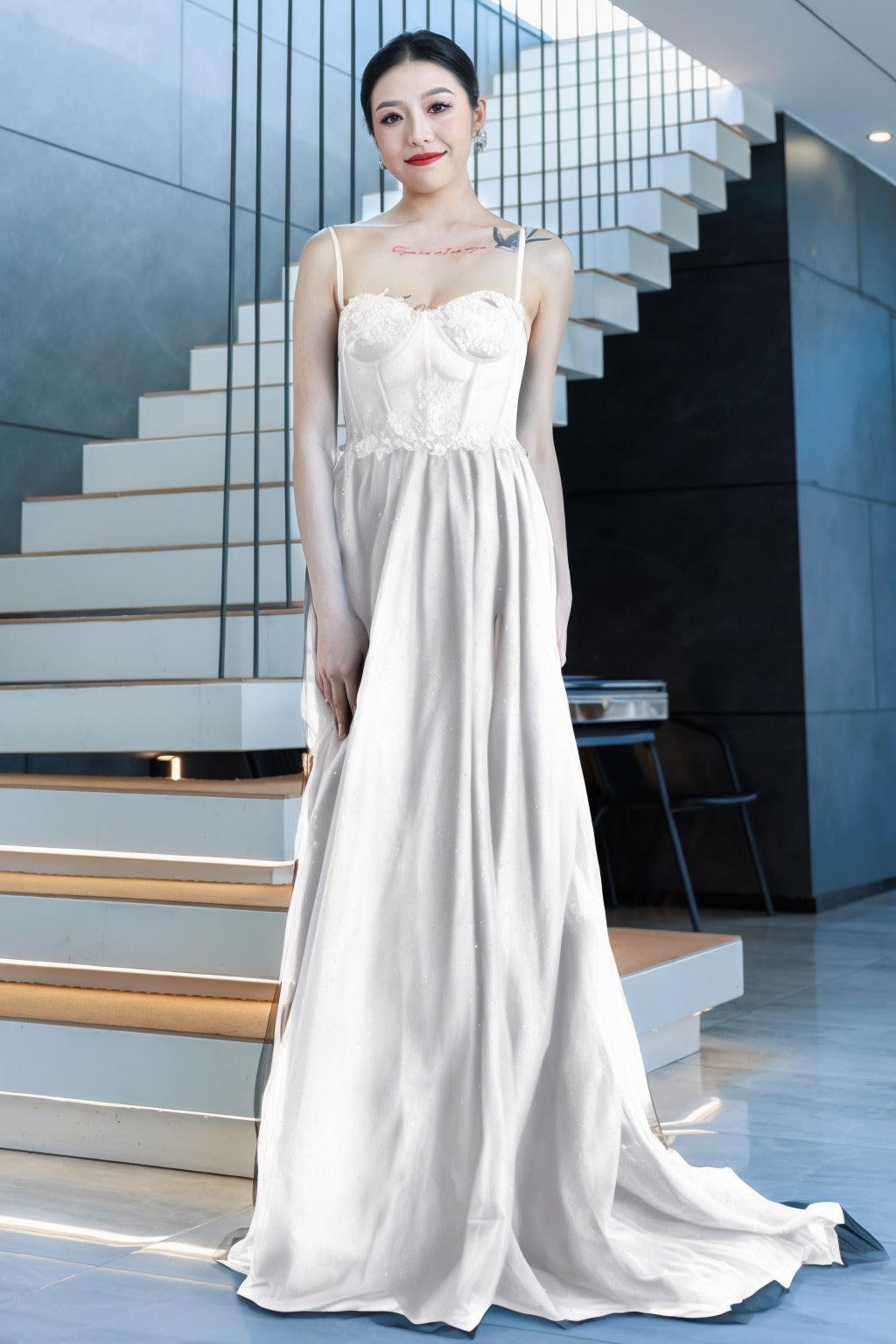 A-Line Sweep-Brush Train Tulle Prom Dress CS0480 - COCOMELODY