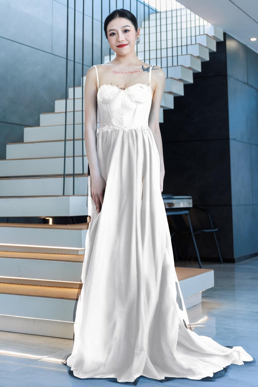 A-Line Sweep-Brush Train Tulle Prom Dress CS0480 - COCOMELODY