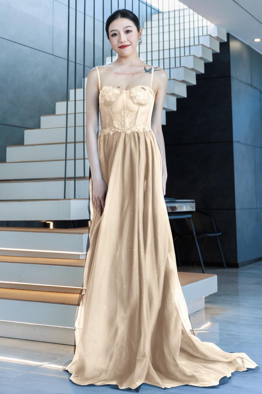 A-Line Sweep-Brush Train Tulle Prom Dress CS0480 - COCOMELODY