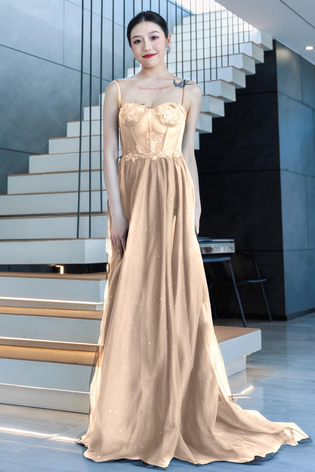 A-Line Sweep-Brush Train Tulle Prom Dress CS0480 - COCOMELODY