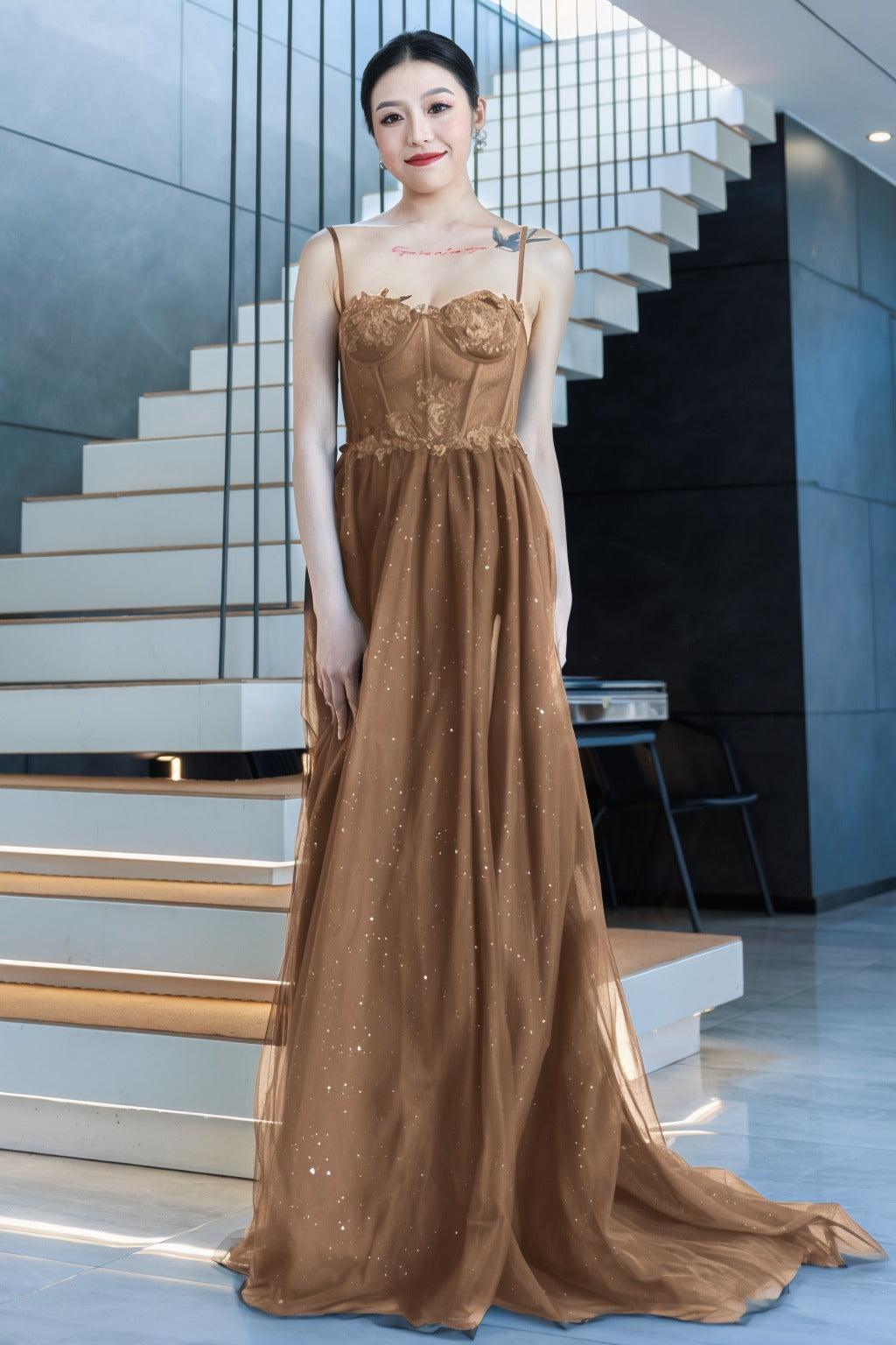 A-Line Sweep-Brush Train Tulle Prom Dress CS0480 - COCOMELODY