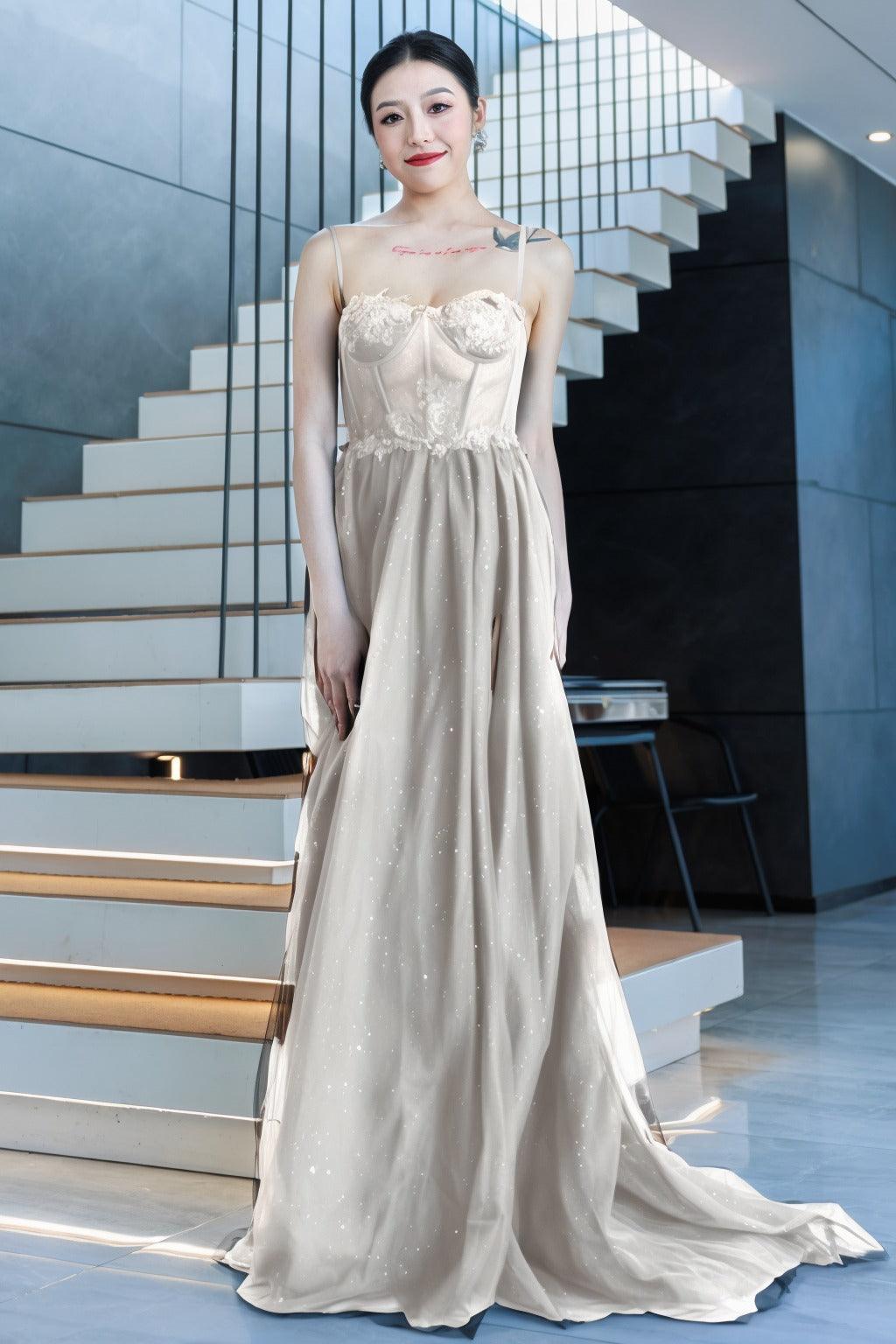 A-Line Sweep-Brush Train Tulle Prom Dress CS0480 - COCOMELODY