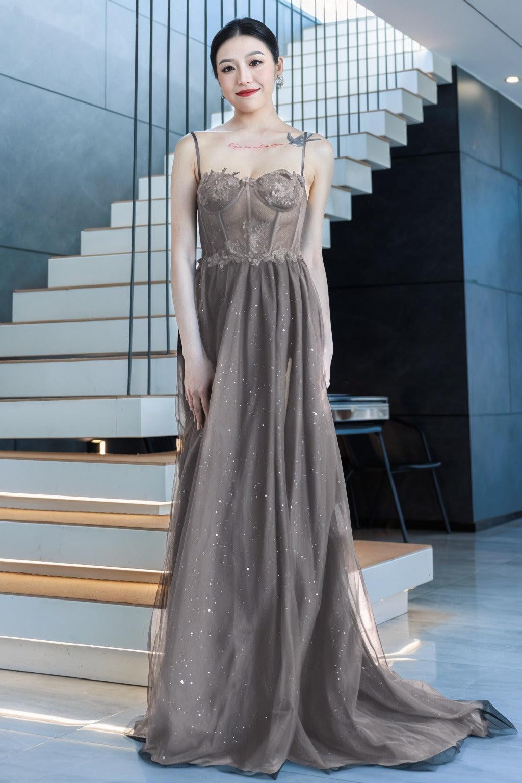 A-Line Sweep-Brush Train Tulle Prom Dress CS0480 - COCOMELODY