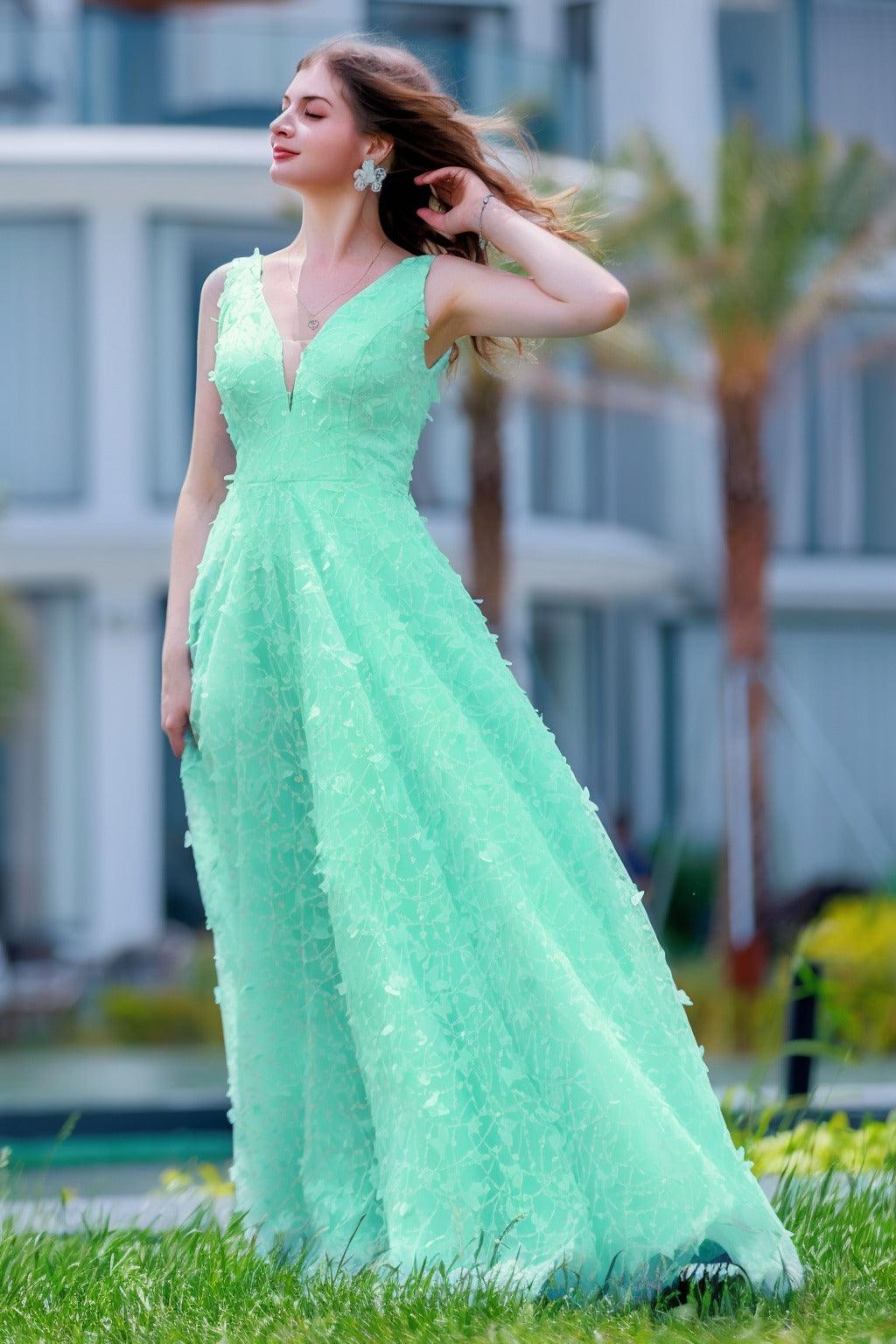 A-Line Sweep-Brush Train Sequined Lace Prom Dress CS0484 - COCOMELODY