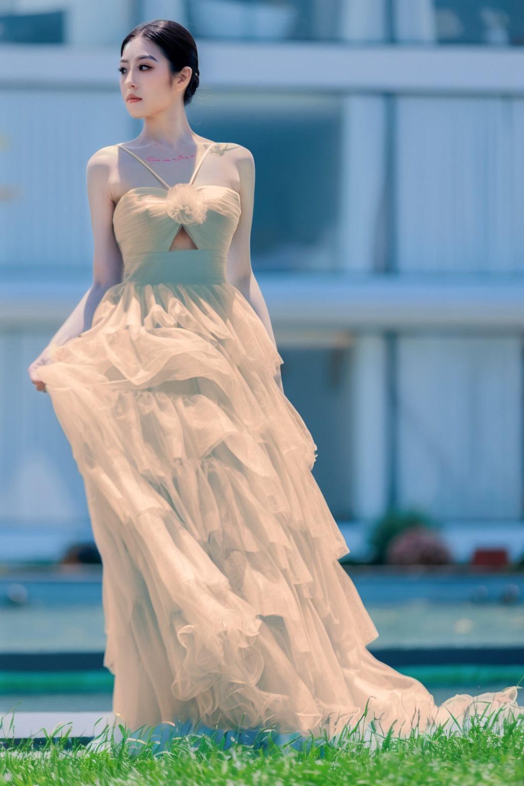 Princess Sweep-Brush Train Tulle Prom Dress CS0493 - COCOMELODY
