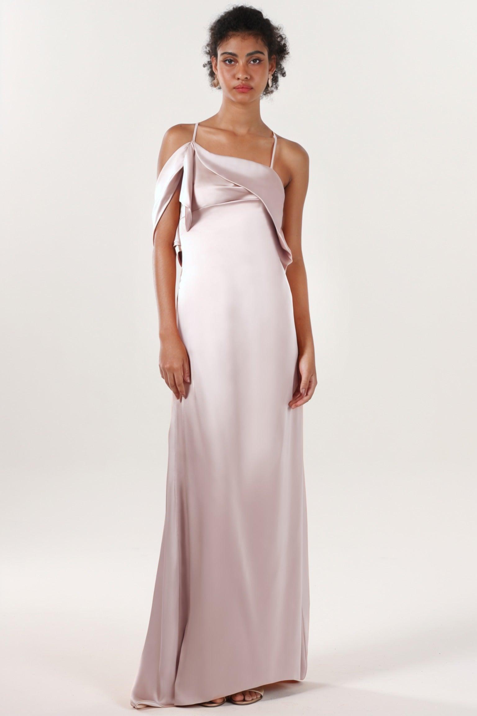 Sheath-Column Sweep-Brush Train Luxe Satin Bridesmaid Dress CS0598BM - COCOMELODY
