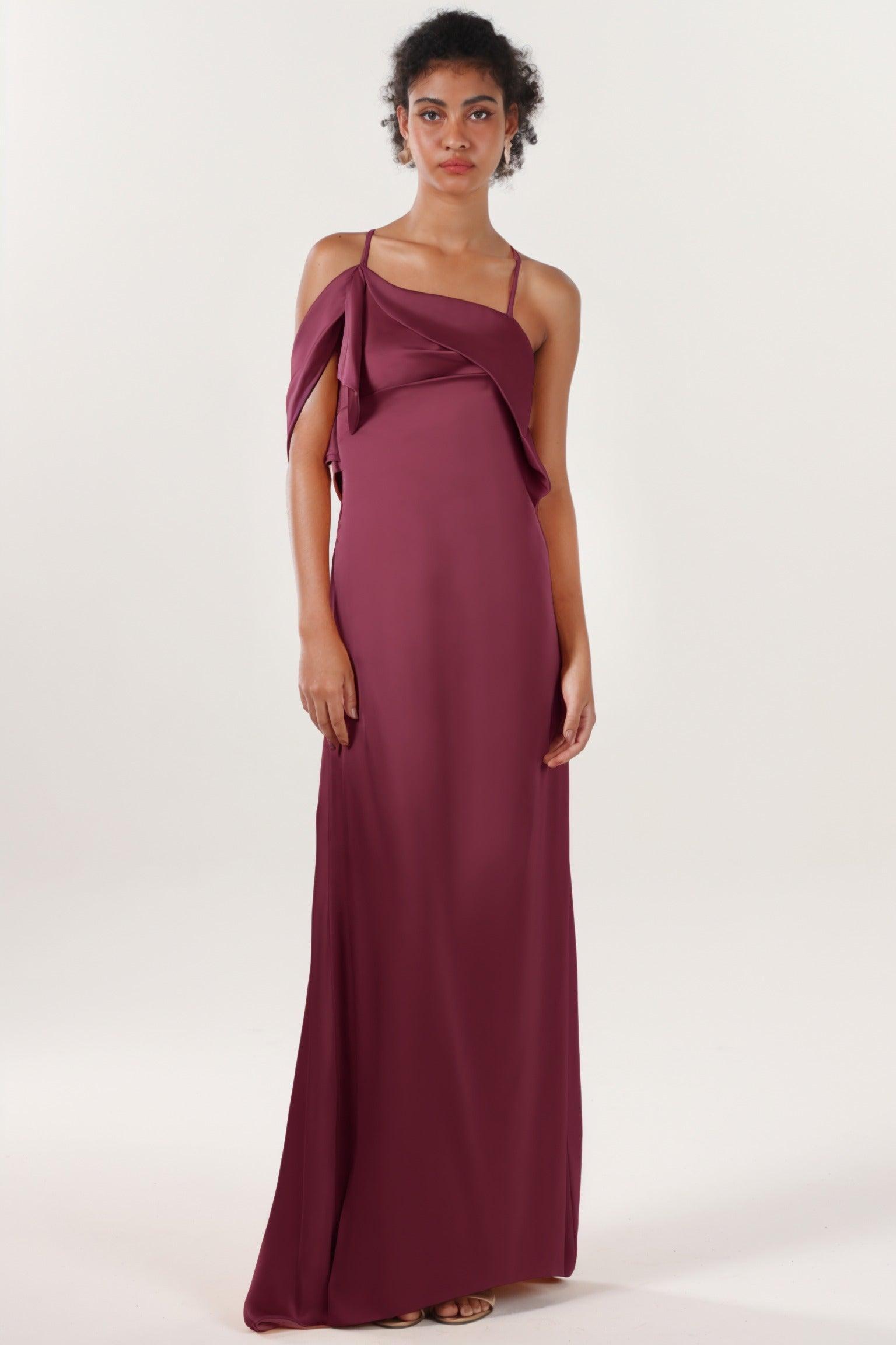 Sheath-Column Sweep-Brush Train Luxe Satin Bridesmaid Dress CS0598BM - COCOMELODY
