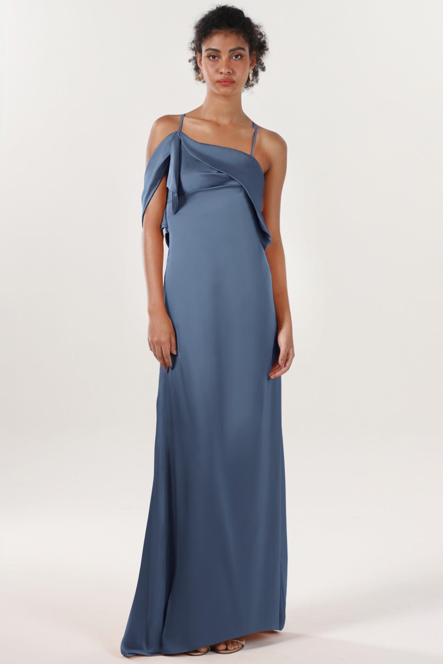 Sheath-Column Sweep-Brush Train Luxe Satin Bridesmaid Dress CS0598BM - COCOMELODY