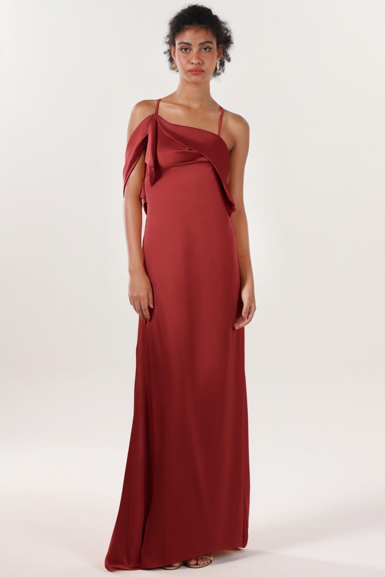 Sheath-Column Sweep-Brush Train Luxe Satin Bridesmaid Dress CS0598BM - COCOMELODY
