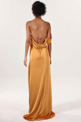 Sheath-Column Sweep-Brush Train Luxe Satin Bridesmaid Dress CS0598BM - COCOMELODY