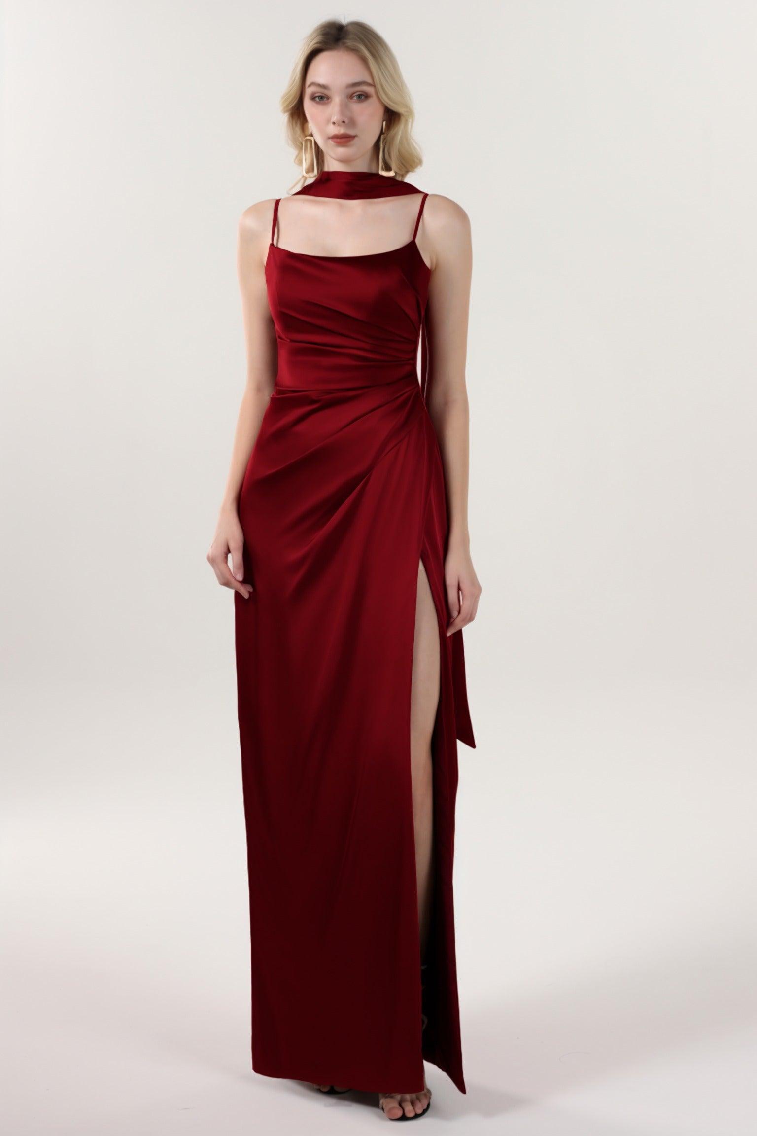 Sheath-Column Maxi Luxe Satin Bridesmaid Dress CS0599BM - COCOMELODY