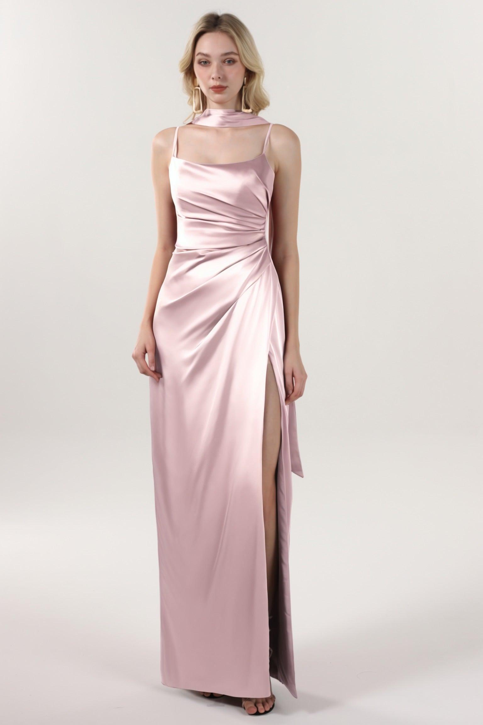Sheath-Column Maxi Luxe Satin Bridesmaid Dress CS0599BM - COCOMELODY