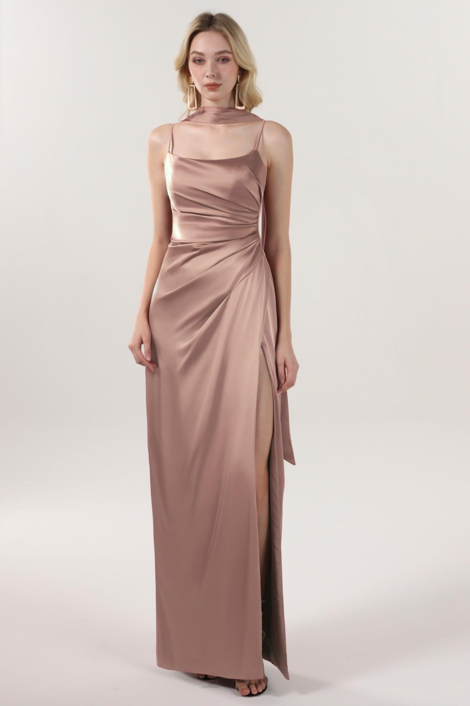 Sheath-Column Maxi Luxe Satin Bridesmaid Dress CS0599BM - COCOMELODY