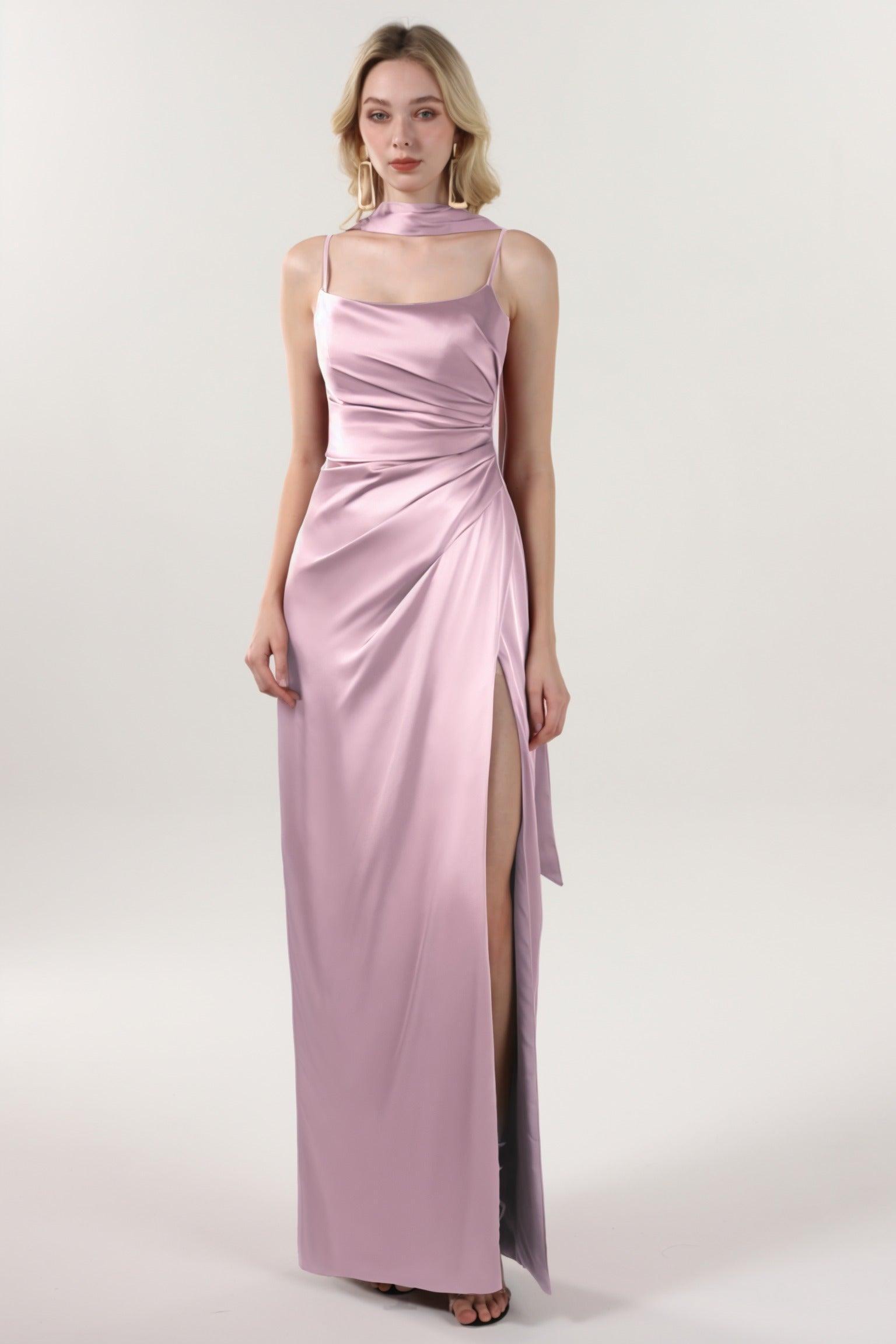 Sheath-Column Maxi Luxe Satin Bridesmaid Dress CS0599BM - COCOMELODY
