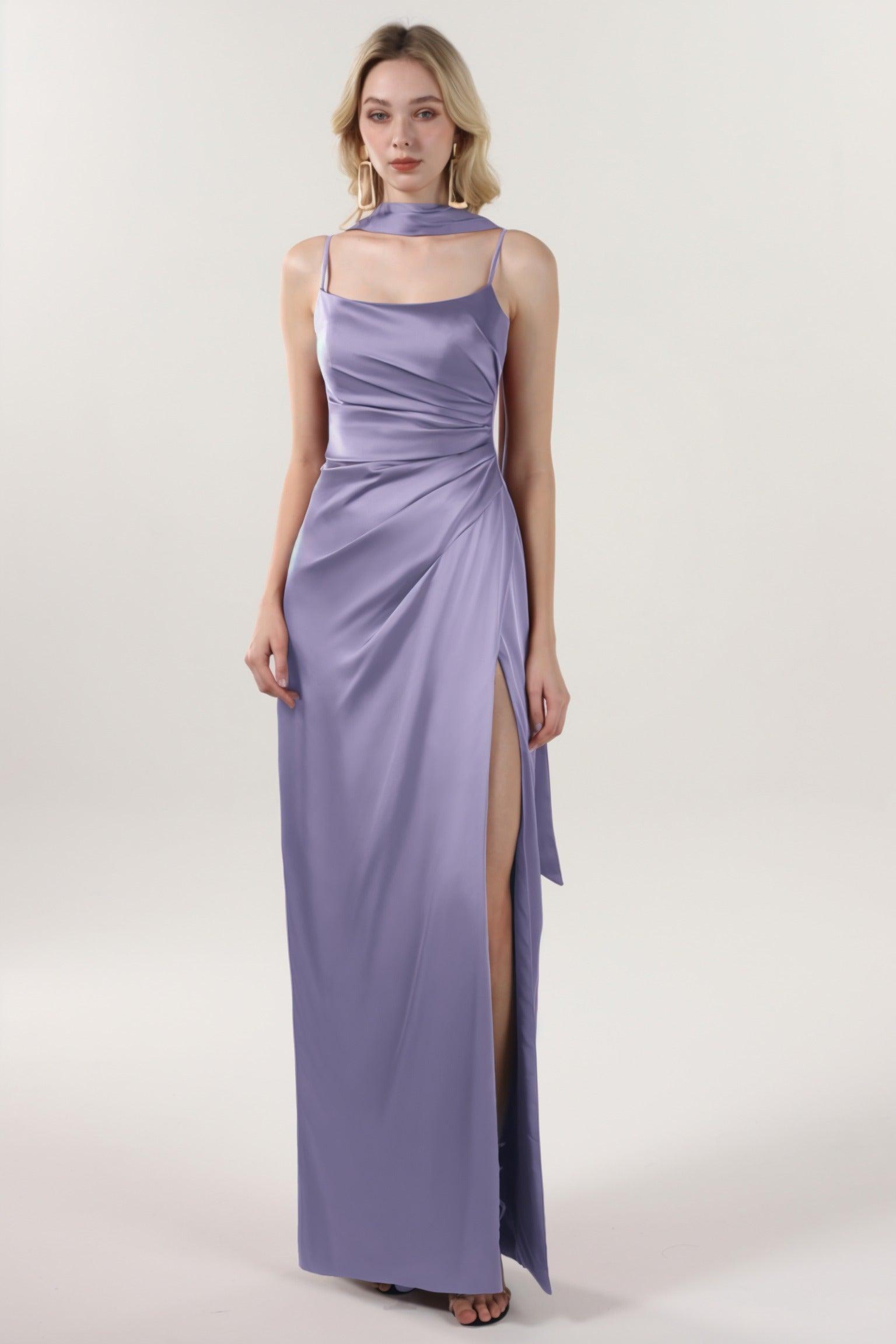 Sheath-Column Maxi Luxe Satin Bridesmaid Dress CS0599BM - COCOMELODY