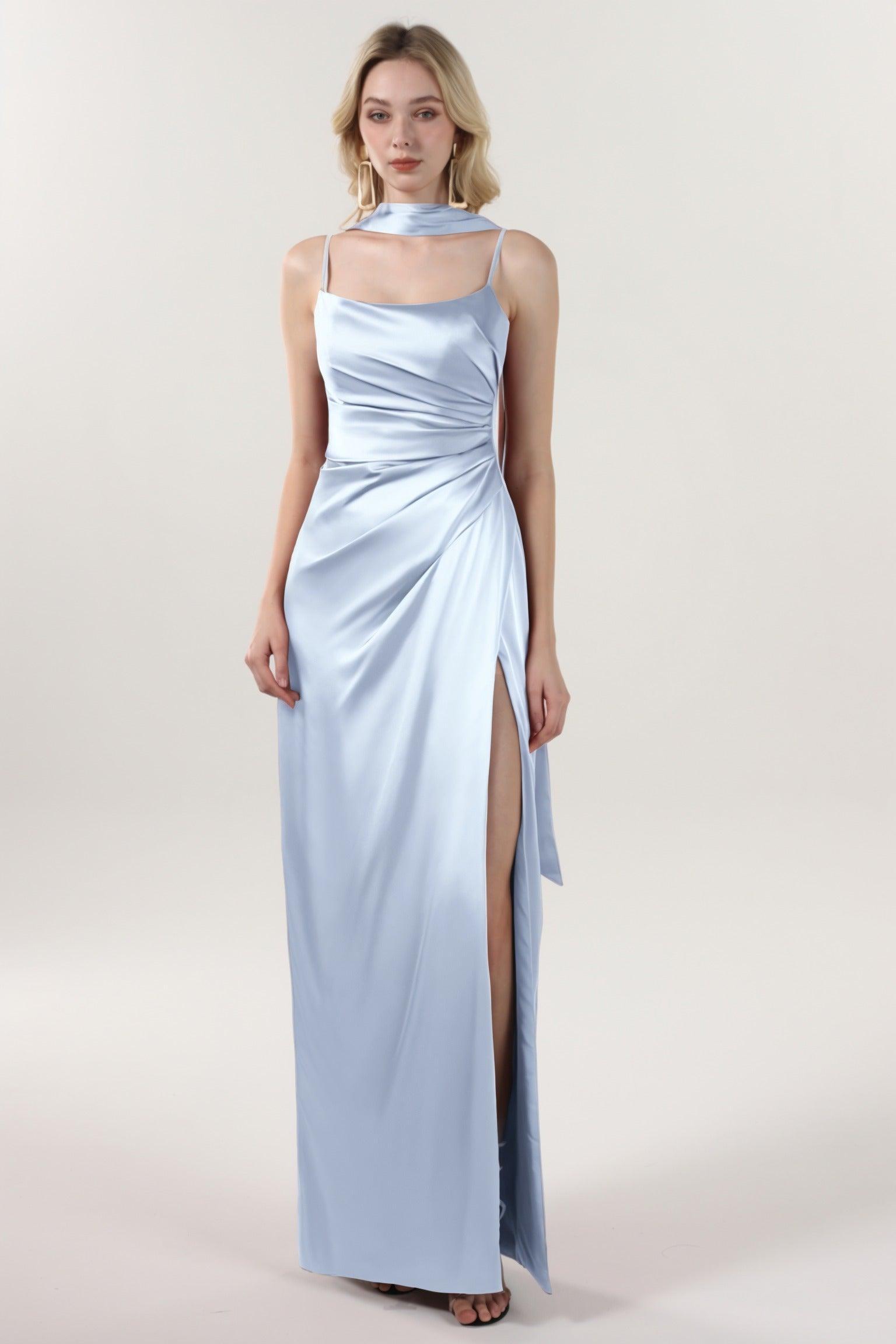 Sheath-Column Maxi Luxe Satin Bridesmaid Dress CS0599BM - COCOMELODY