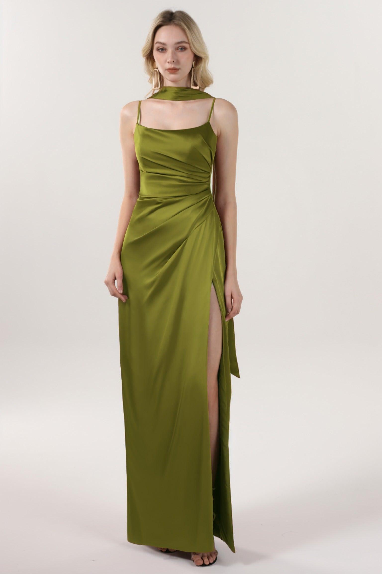 Sheath-Column Maxi Luxe Satin Bridesmaid Dress CS0599BM - COCOMELODY