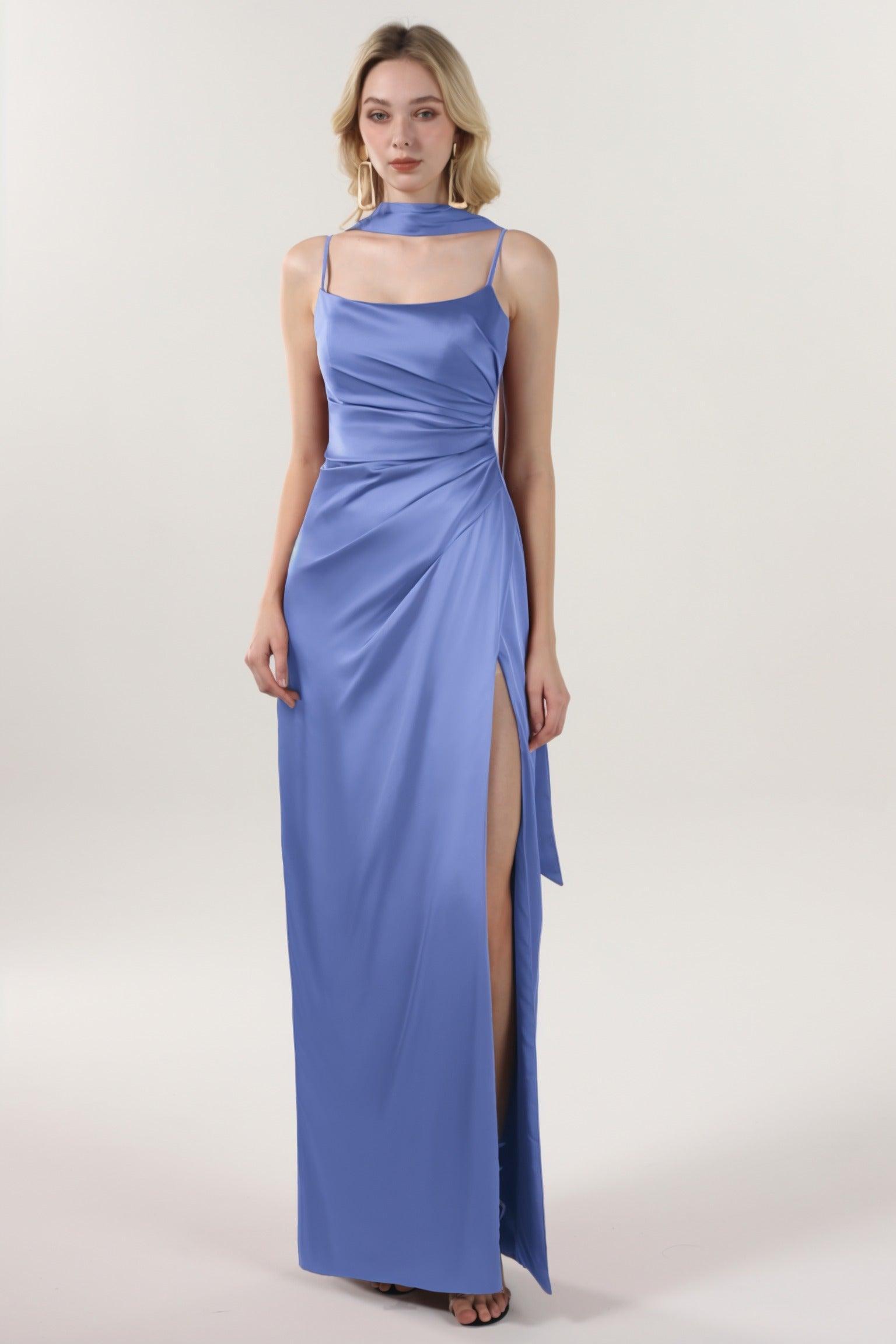 Sheath-Column Maxi Luxe Satin Bridesmaid Dress CS0599BM - COCOMELODY