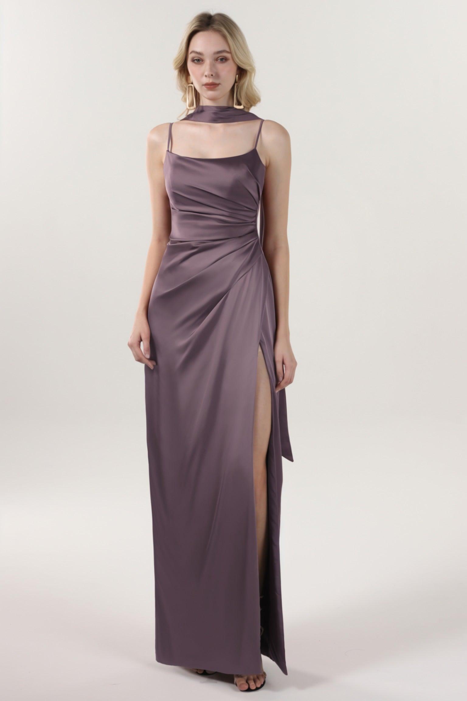 Sheath-Column Maxi Luxe Satin Bridesmaid Dress CS0599BM - COCOMELODY