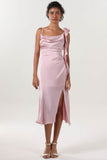 Sheath-Column Midi Luxe Satin Bridesmaid Dress CS0613BM - COCOMELODY