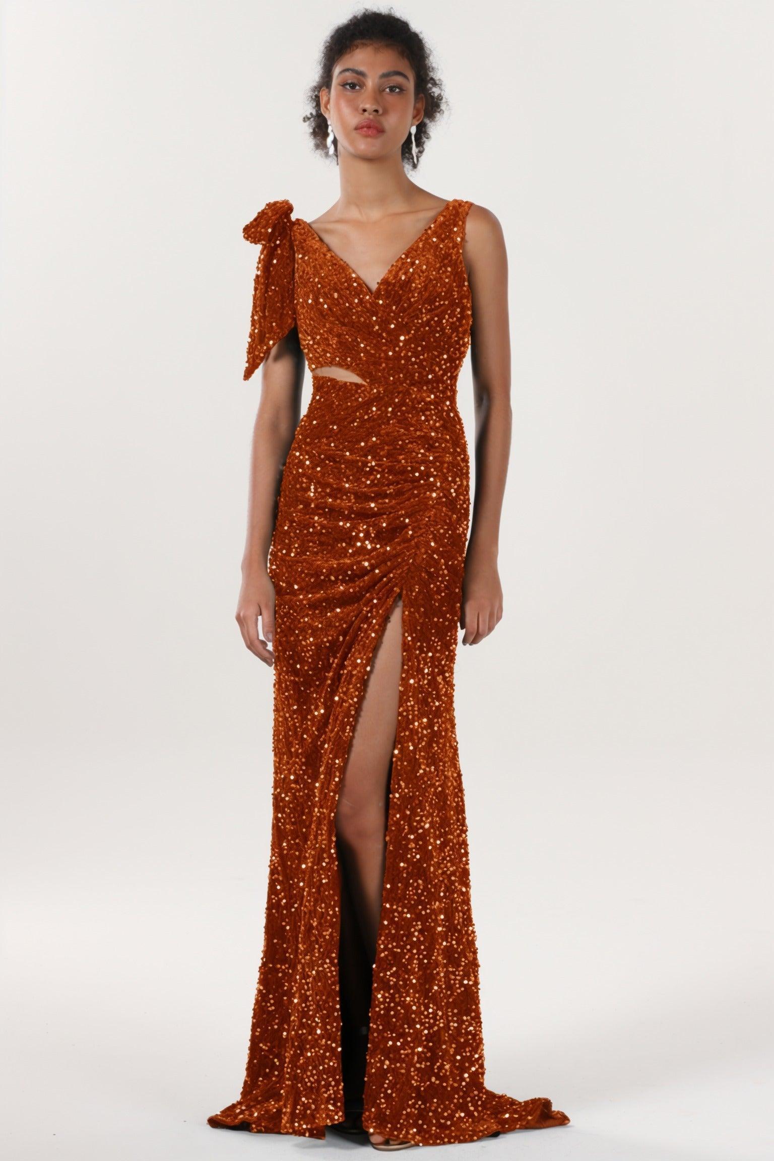 Sheath-Column Sweep-Brush Train Velvet Sequin Bridesmaid Dress CS0633BM - COCOMELODY