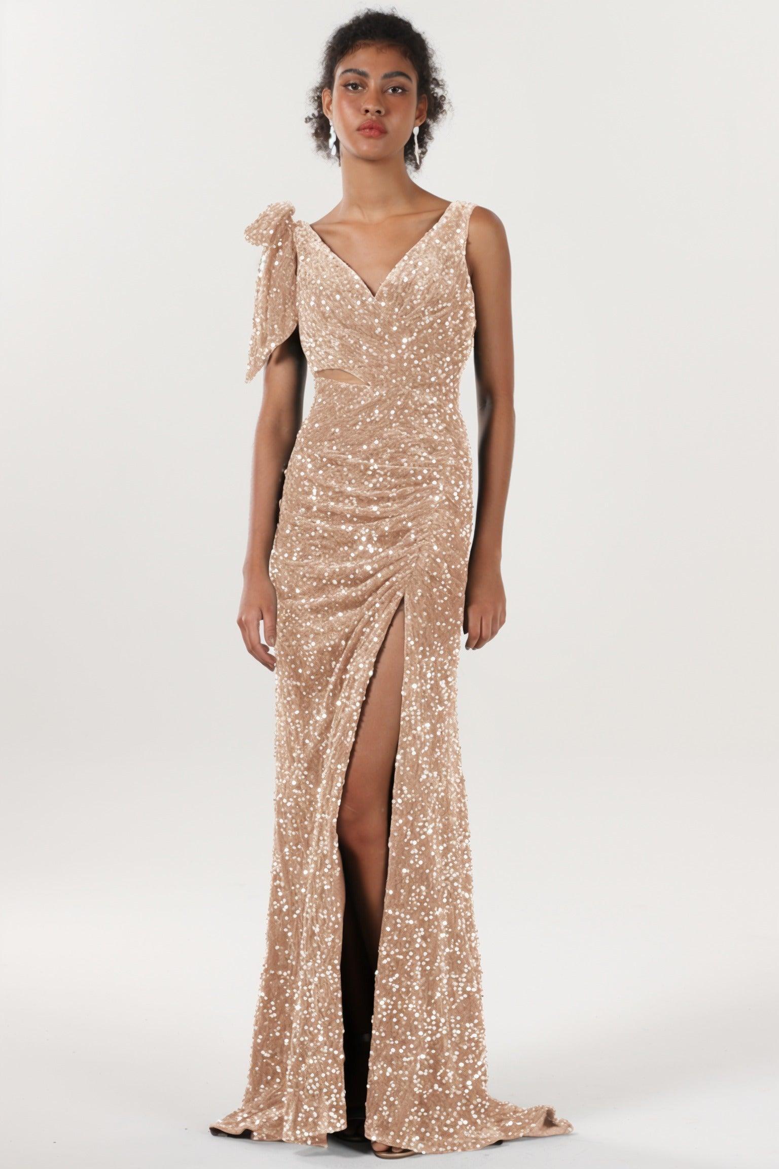 Sheath-Column Sweep-Brush Train Velvet Sequin Bridesmaid Dress CS0633BM - COCOMELODY