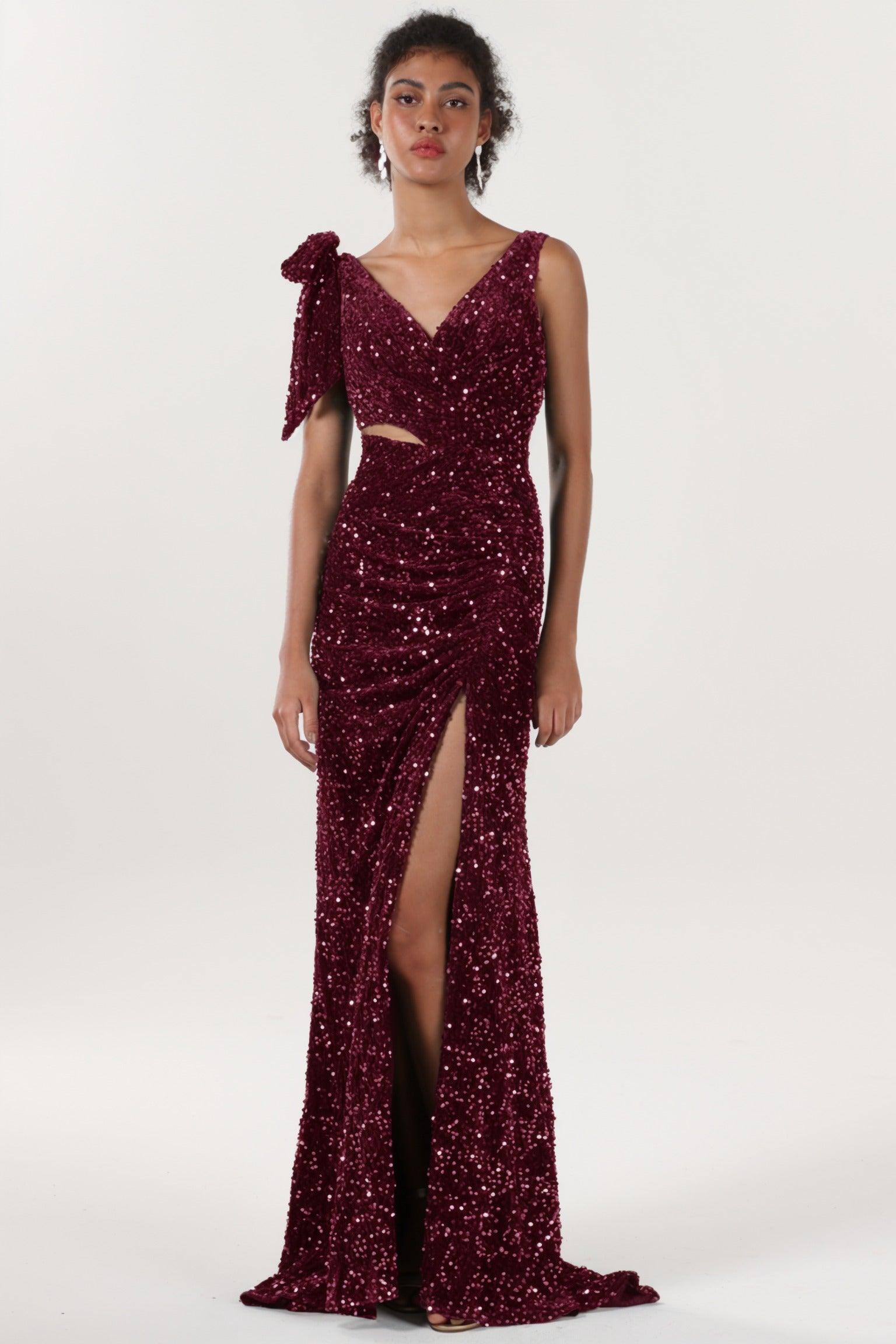 Sheath-Column Sweep-Brush Train Velvet Sequin Bridesmaid Dress CS0633BM - COCOMELODY