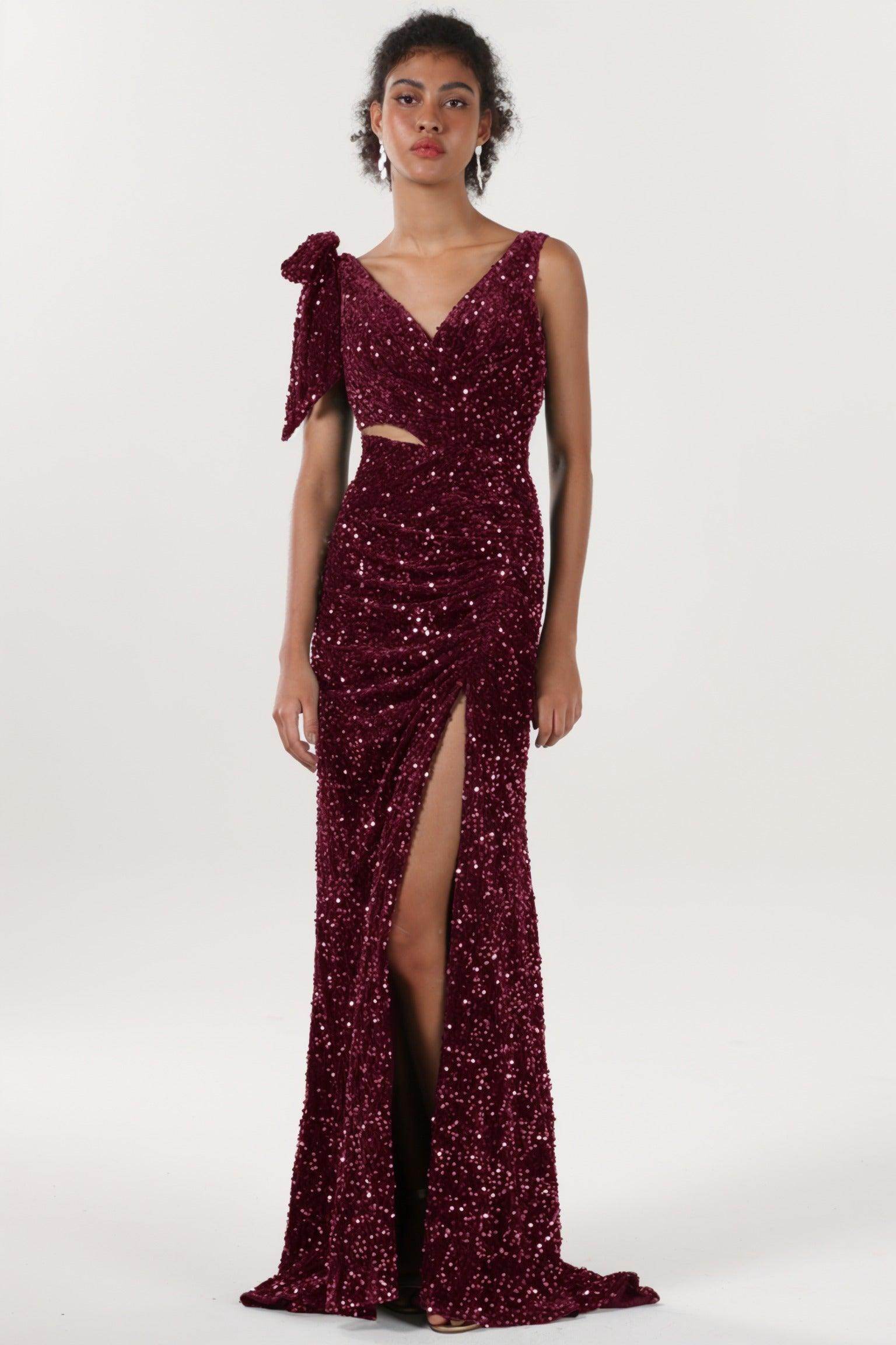 Sheath-Column Sweep-Brush Train Velvet Sequin Bridesmaid Dress CS0633BM - COCOMELODY