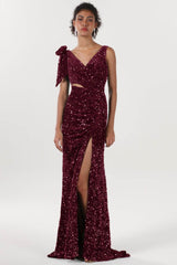 Sheath-Column Sweep-Brush Train Velvet Sequin Bridesmaid Dress CS0633BM - COCOMELODY