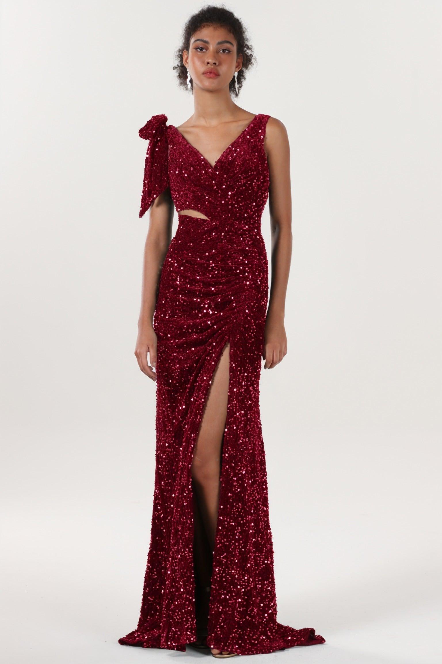 Sheath-Column Sweep-Brush Train Velvet Sequin Bridesmaid Dress CS0633BM - COCOMELODY