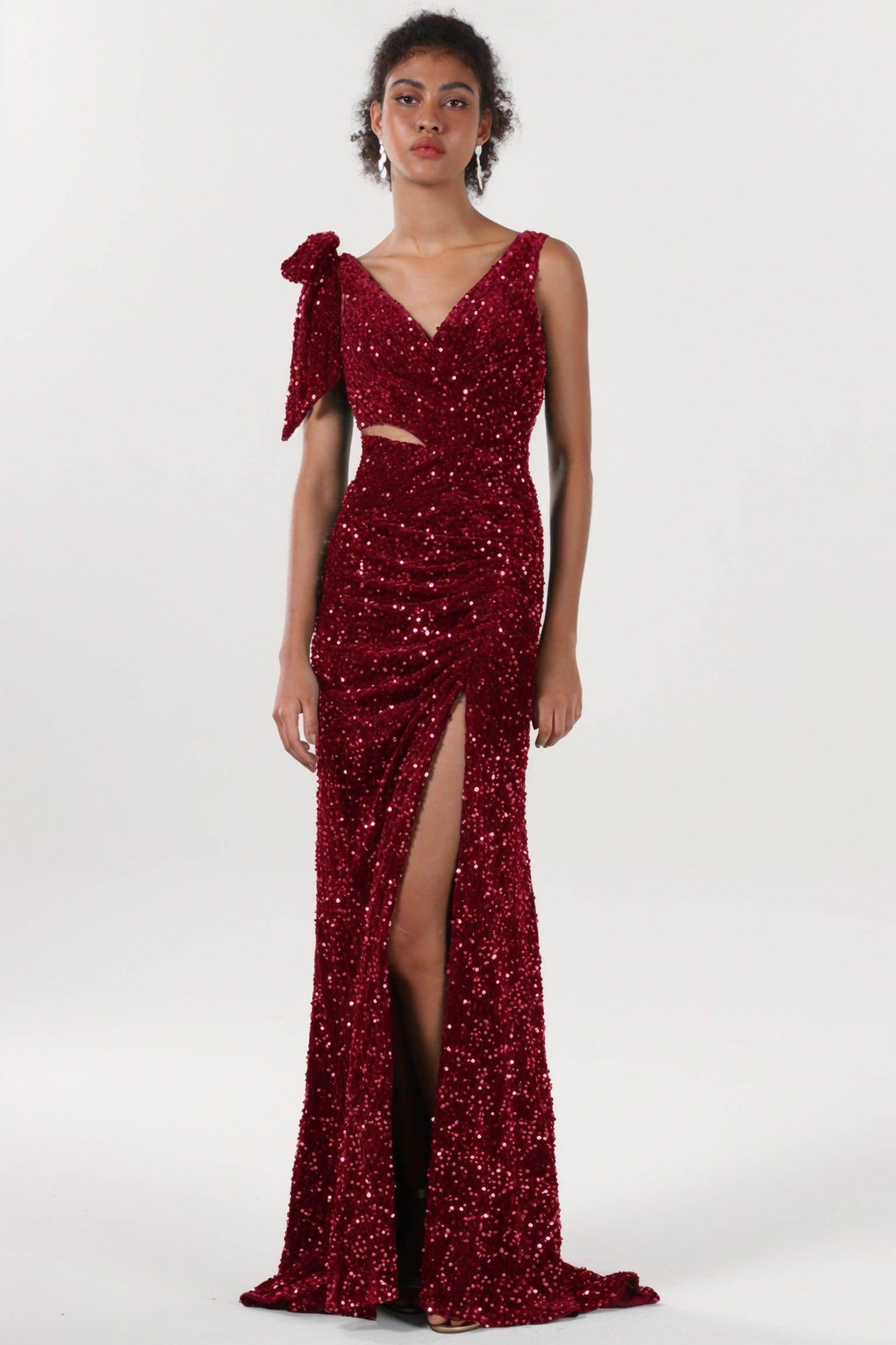 Sheath-Column Sweep-Brush Train Velvet Sequin Bridesmaid Dress CS0633BM - COCOMELODY