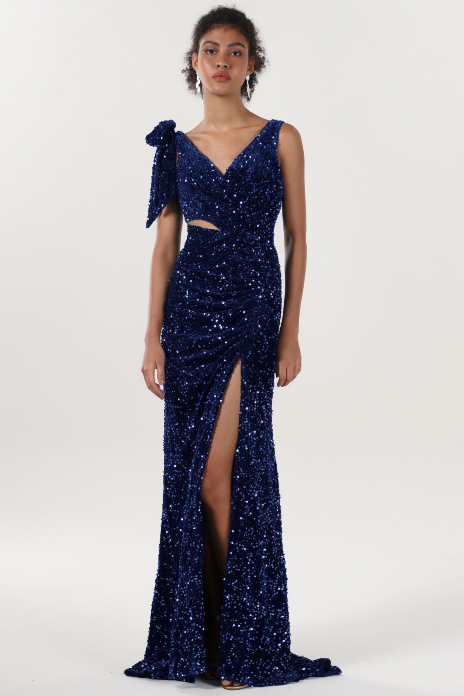 Sheath-Column Sweep-Brush Train Velvet Sequin Bridesmaid Dress CS0633BM - COCOMELODY