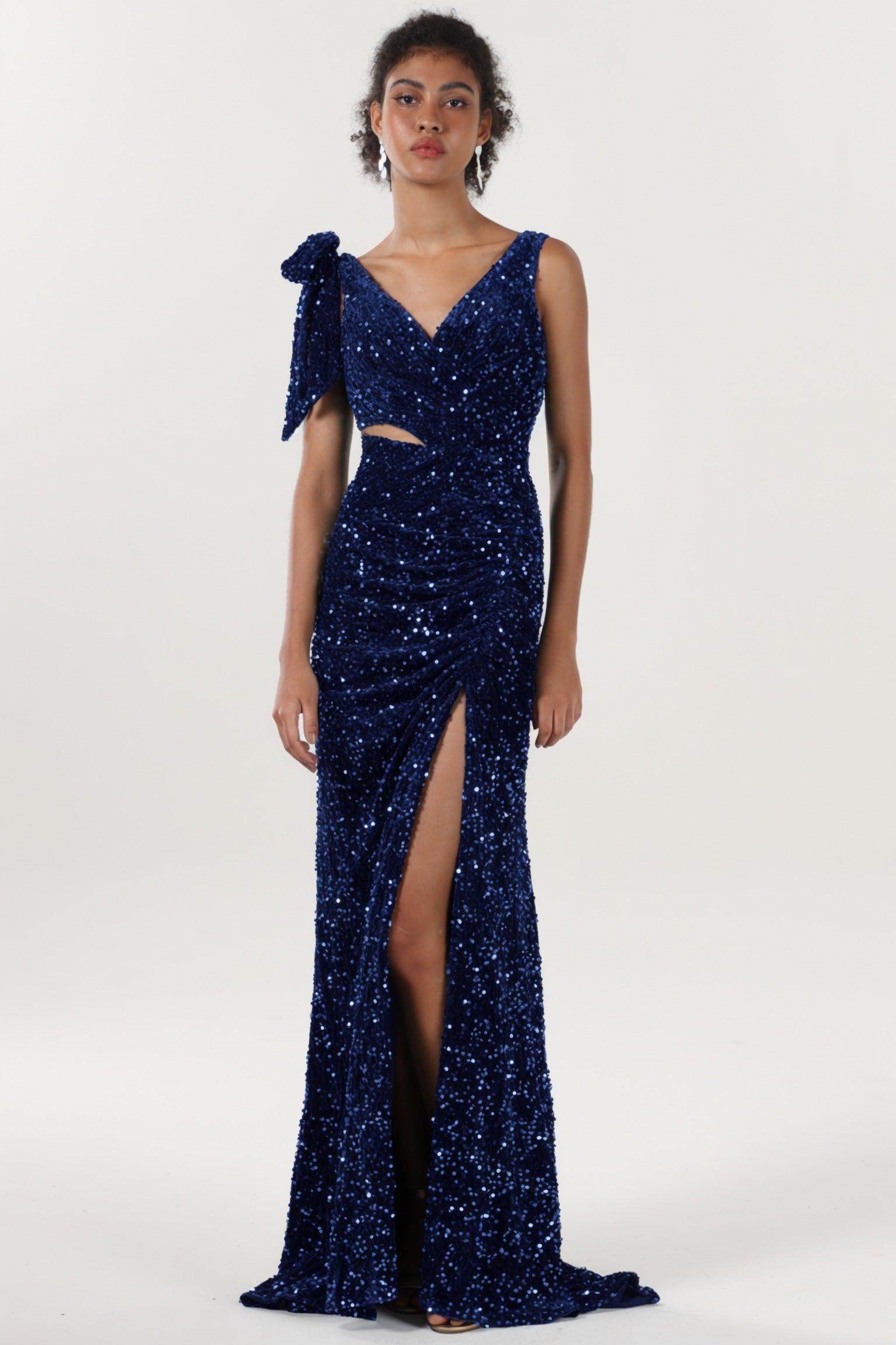 Sheath-Column Sweep-Brush Train Velvet Sequin Bridesmaid Dress CS0633BM - COCOMELODY